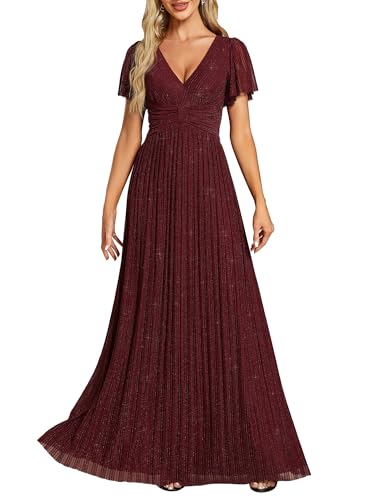 Ever-Pretty Kleid Elegant Damen Festlich Lang Ballkleid Maxi Hell Abendkleider Elegant für Hochzeit A Line Kurze Ärmel Burgund 38 von Ever-Pretty