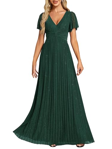 Ever-Pretty Kleid Elegant Damen Festlich Lang Ballkleid Maxi Hell Abendkleider Elegant für Hochzeit A Line Kurze Ärmel Dunkelgrün 50 von Ever-Pretty