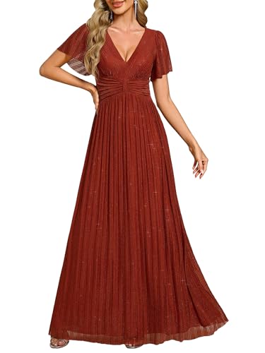 Ever-Pretty Kleid Elegant Damen Festlich Lang Ballkleid Maxi Hell Abendkleider Elegant für Hochzeit A Line Kurze Ärmel Gebranntes Orange 46 von Ever-Pretty