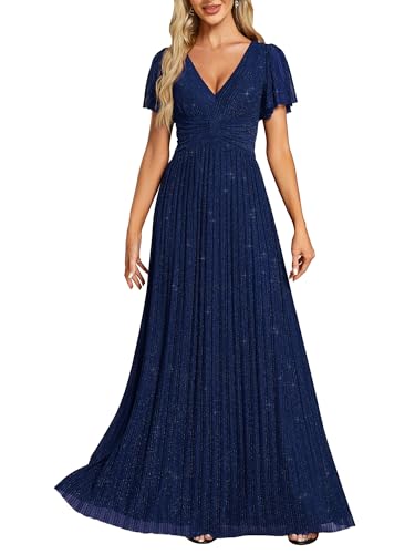 Ever-Pretty Kleid Elegant Damen Festlich Lang Ballkleid Maxi Hell Abendkleider Elegant für Hochzeit A Line Kurze Ärmel Navy Blau 50 von Ever-Pretty