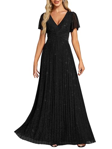 Ever-Pretty Kleid Elegant Damen Festlich Lang Ballkleid Maxi Hell Abendkleider Elegant für Hochzeit A Line Kurze Ärmel Schwarz 44 von Ever-Pretty