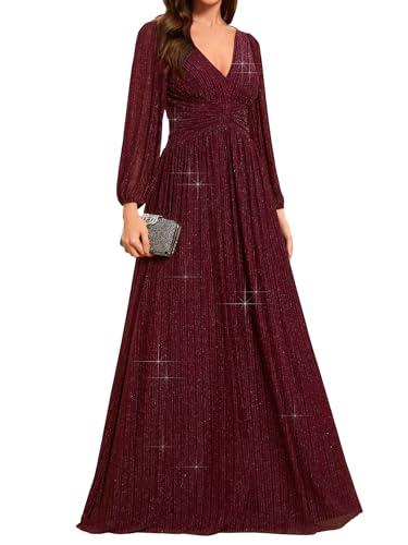 Ever-Pretty Kleid Elegant Damen Festlich Lang Langarm Ballkleid Maxi Hell Abendkleider Elegant für Hochzeit A Line Burgund 42 von Ever-Pretty
