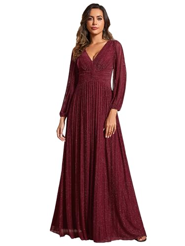 Ever-Pretty Kleid Elegant Damen Festlich Lang Langarm Ballkleid Maxi Hell Abendkleider Elegant für Hochzeit A Line Burgund 54 von Ever-Pretty
