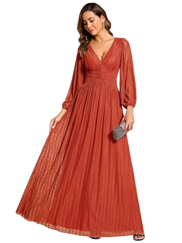 Ever-Pretty Kleid Elegant Damen Festlich Lang Langarm Ballkleid Maxi Hell Abendkleider Elegant für Hochzeit A Line Gebranntes Orange 50 von Ever-Pretty