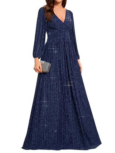 Ever-Pretty Kleid Elegant Damen Festlich Lang Langarm Ballkleid Maxi Hell Abendkleider Elegant für Hochzeit A Line Navy Blau 38 von Ever-Pretty