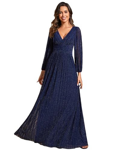Ever-Pretty Kleid Elegant Damen Festlich Lang Langarm Ballkleid Maxi Hell Abendkleider Elegant für Hochzeit A Line Navy Blau 42 von Ever-Pretty