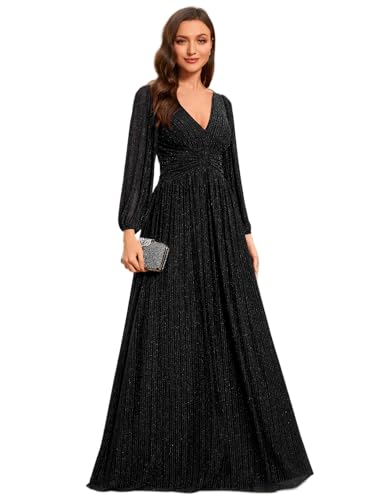 Ever-Pretty Kleid Elegant Damen Festlich Lang Langarm Ballkleid Maxi Hell Abendkleider Elegant für Hochzeit A Line Schwarz 56 von Ever-Pretty