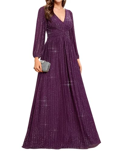 Ever-Pretty Kleid Elegant Damen Festlich Lang Langarm Ballkleid Maxi Hell Abendkleider Elegant für Hochzeit A Line Violette Glyzinie 46 von Ever-Pretty