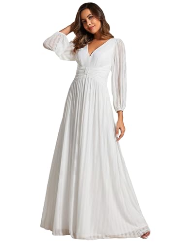 Ever-Pretty Kleid Elegant Damen Festlich Lang Langarm Ballkleid Maxi Hell Abendkleider Elegant für Hochzeit A Line Weiß 40 von Ever-Pretty