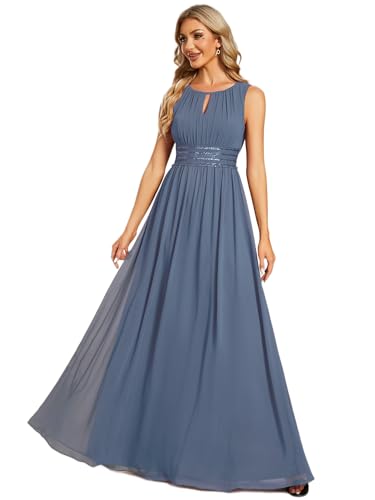 Ever-Pretty Kleider für Hochzeitsgäste Maxi Halterneck Lang Chiffon Abendkleid Ärmellos A-Linie Staubige Marine 42 von Ever-Pretty
