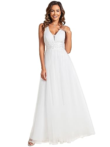 Ever-Pretty Langes Damenkleid Ärmellos V-Ausschnitt Hochzeitskleid Abendkleid Brautjungfernkleid Weiß 36 von Ever-Pretty