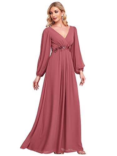 Ever-Pretty Partykleid Plus Size Lang für Damen V-Ausschnitt A-Linie Langarm mit Applikationen 00461, Weinrot braun, 34 von Ever-Pretty