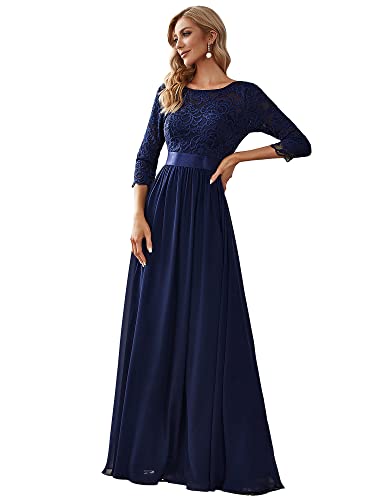 Ever-Pretty Plus Damen 3/4 Ärmel Spitze Rundkragen A-Linie Elegant Empire Bodenlang Chiffon Große Größe Abendkleider Navy Blau 36 von Ever-Pretty