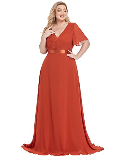 Ever-Pretty Plus Damen Abendkleid Brautjungfer Chiffon A-Linie V Ausschnitt lang Gebrannte Orange 52 von Ever-Pretty