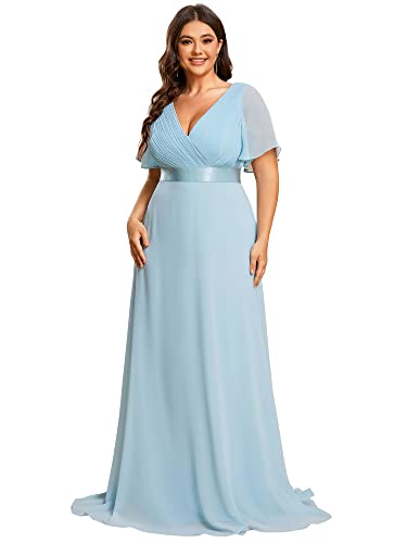 Ever-Pretty Plus Damen Abendkleid Brautjungfer Chiffon A-Linie V Ausschnitt lang Himmelblau 54 von Ever-Pretty