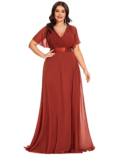 Ever-Pretty Plus Damen Abendkleid Brautjungfer Chiffon A-Linie V Ausschnitt lang Vermilion 54 von Ever-Pretty