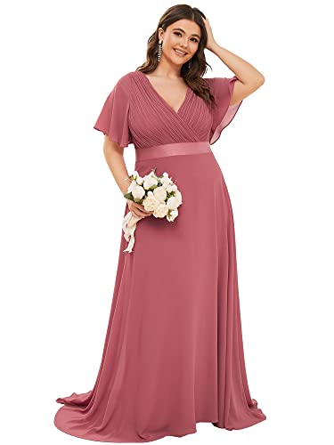 Ever-Pretty Plus Damen Abendkleid Chiffon A-Linie Lange Große Größe Partykleid V Ausschnitt Kurze Ärmel Hohe Taille Kam Brown56 von Ever-Pretty