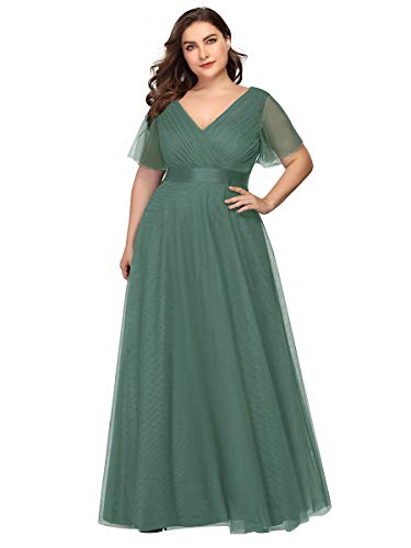 Ever-Pretty Plus Damen Abendkleid V Ausschnitt A-Linie Kurze Ärmel Lange Tüll Brautjungfernkleid Grün blau 52 von Ever-Pretty