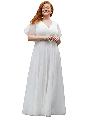 Ever-Pretty Plus Damen Abendkleid V Ausschnitt A-Linie Kurze Ärmel Lange Tüll Brautjungfernkleid Weiß 56 von Ever-Pretty