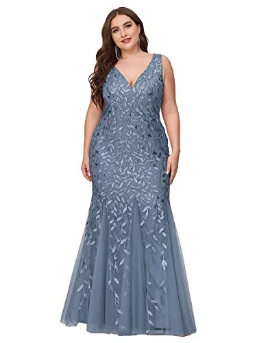 Ever-Pretty Plus Damen Elegante ärmellose Pailletten mit V-Ausschnitt Tüll Meerjungfrau Übergröße Maxi Ballkleider Staubige Marine 50EU von Ever-Pretty