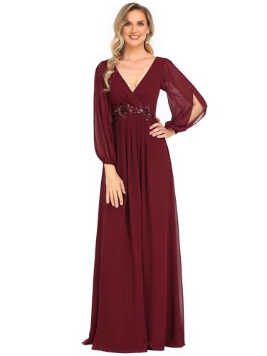 Ever-Pretty Plus Damen Stilvolle Chiffon V-Ausschnitt Applique Abendkleider mit Langen Laternenärmeln Burgund EU48 von Ever-Pretty