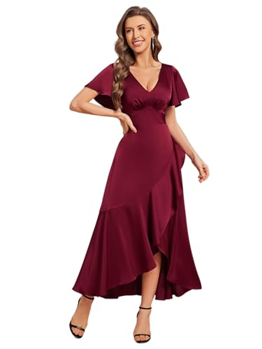 Ever-Pretty Satin Brautjungfernkleid V-Ausschnitt Asymmetrisch Maxi ES02336-P, burgund-rot, 54 von Ever-Pretty