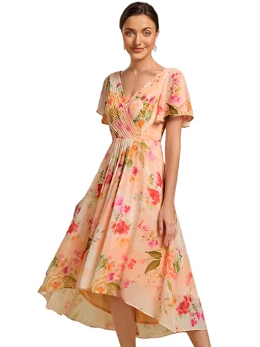 Ever-Pretty Sommerkleid für Damen, A-Linie High Low V-Ausschnitt Kurzarm für Hochzeit Mutter EG01923-P, Pfirsich-Druck, 34 von Ever-Pretty