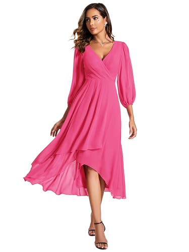 Ever-Pretty Weihnachtskleid Für Damen V Ausschnitt Lange Ärmel A Linien Kleid Winter Für Party Rosa Rot 36 von Ever-Pretty