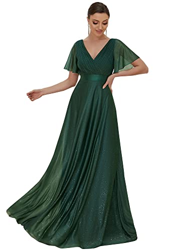 Ever-Pretty Zeremonie-Kleid mit kurzen Ärmeln mit V-Ausschnitt Empire-Stil Linie Plain Länge Damen EE50159, dunkelgrün, 40 von Ever-Pretty