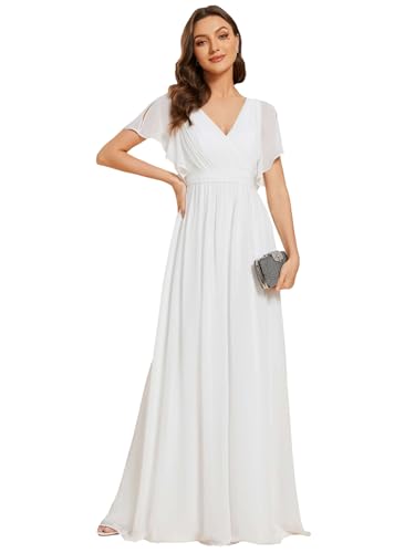 Langes Abendkleid Für Damen Herbstkleid Cocktailkleid V-Ausschnitt A-Linien-Kleid Weiß 44 von Ever-Pretty