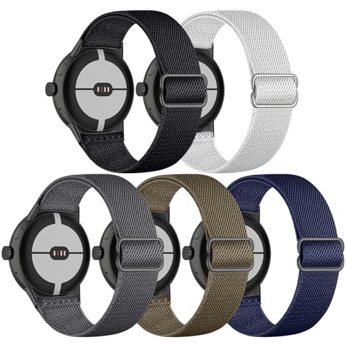 EverAct 5 Pack Elastische Nylon Armbänder Kompatibel mit Google Pixel Watch, Verstellbare Elastische Ersatzarmbänder für Google Pixel Watch 2/1 für Frauen Männer, Nylon Metall von EverAct