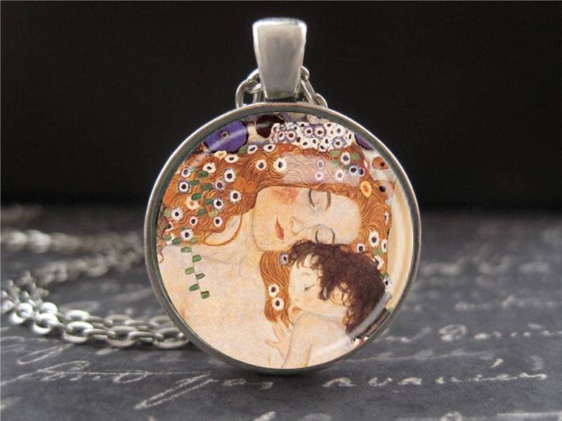 Gustav Klimt Malerei Mutter Und Kind Halskette Jugendstil Anhänger Runde Glas Charme Antik Silber Kette Schmuck Für Mamas von EverAndAnon