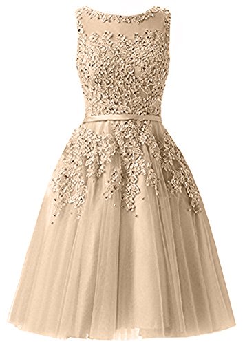 EverBeauties Knielang Damen Abendkleider Perlstickerei Spitze Applique T¨¹ll Kurz Ballkleid Champagner 32 von EverBeauties