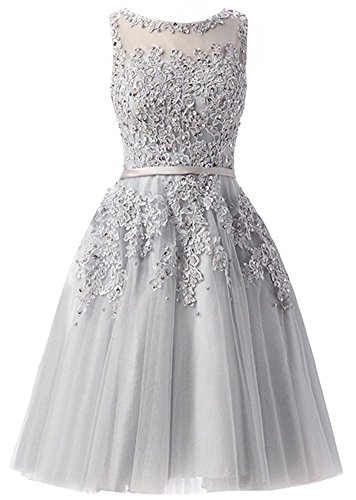 EverBeauties Knielang Damen Abendkleider Perlstickerei Spitze Applique T¨¹ll Kurz Ballkleid Grau 36 von EverBeauties