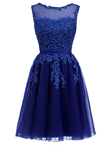 EverBeauties Knielang Damen Abendkleider Perlstickerei Spitze Applique T¨¹ll Kurz Ballkleid K?nigsblau 32 von EverBeauties