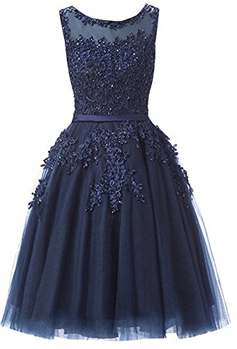 EverBeauties Knielang Damen Abendkleider Perlstickerei Spitze Applique T¨¹ll Kurz Ballkleid Marineblau 40 von EverBeauties