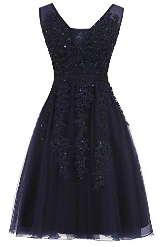 EverBeauties Knielang Damen Abendkleider Perlstickerei Spitze Applique T¨¹ll Kurz Ballkleid Marineblau2 38 von EverBeauties
