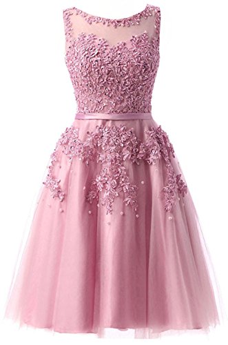 EverBeauties Knielang Damen Abendkleider Perlstickerei Spitze Applique T¨¹ll Kurz Ballkleid Rosa 40 von EverBeauties