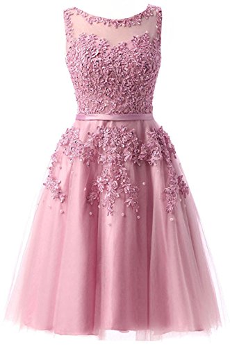 EverBeauties Knielang Damen Abendkleider Perlstickerei Spitze Applique T¨¹ll Kurz Ballkleid Rosa 42 von EverBeauties