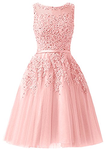 EverBeauties Knielang Damen Abendkleider Perlstickerei Spitze Applique T¨¹ll Kurz Ballkleid Rosa2 40 von EverBeauties