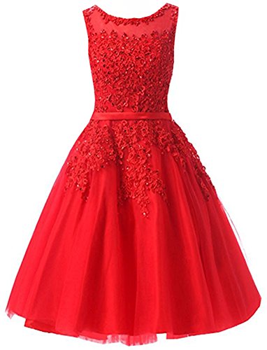 EverBeauties Knielang Damen Abendkleider Perlstickerei Spitze Applique T¨¹ll Kurz Ballkleid Rot 50 von EverBeauties