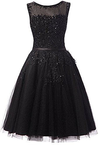 EverBeauties Knielang Damen Abendkleider Perlstickerei Spitze Applique T¨¹ll Kurz Ballkleid Schwarz 36 von EverBeauties