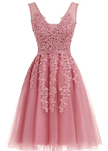 EverBeauties Knielang Damen Abendkleider Perlstickerei Spitze Applique T¨¹ll Kurz Ballkleid Bohnenpaste Farbe2 32 von EverBeauties