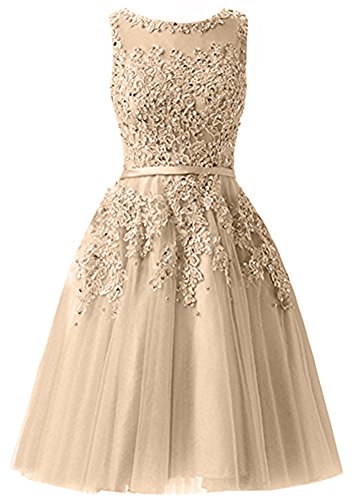 EverBeauties Knielang Damen Abendkleider Perlstickerei Spitze Applique T¨¹ll Kurz Ballkleid Champagner 40 von EverBeauties