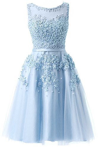 EverBeauties Knielang Damen Abendkleider Perlstickerei Spitze Applique T¨¹ll Kurz Ballkleid Himmelblau 38 von EverBeauties