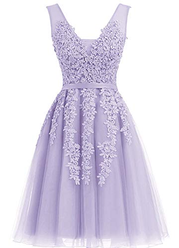 EverBeauties Knielang Damen Abendkleider Perlstickerei Spitze Applique T¨¹ll Kurz Ballkleid Lavendel2 36 von EverBeauties