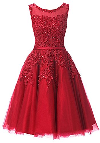 EverBeauties Knielang Damen Abendkleider Perlstickerei Spitze Applique T¨¹ll Kurz Ballkleid Rotwein 40 von EverBeauties