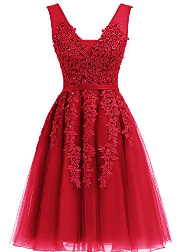 EverBeauties Knielang Damen Abendkleider Perlstickerei Spitze Applique T¨¹ll Kurz Ballkleid Rotwein2 38 von EverBeauties