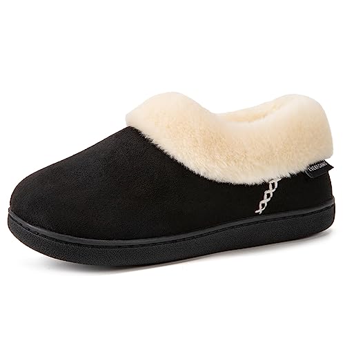 EverFoams Damen Geschlossener Rücken Hausschuhe Microsuede Flauschig Warm Kunstfell Memoryschaum Innen Außen Pantoffeln Schwarz, 38-39 EU von EverFoams