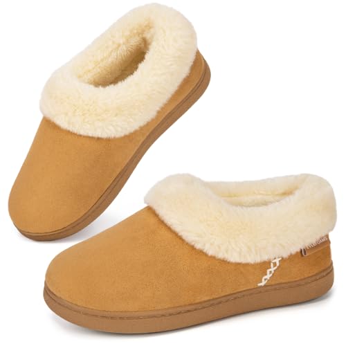 EverFoams Damen Geschlossener Rücken Hausschuhe Microsuede Flauschig Warm Kunstfell Memoryschaum Innen Außen Pantoffeln Tan, 39.5 EU von EverFoams